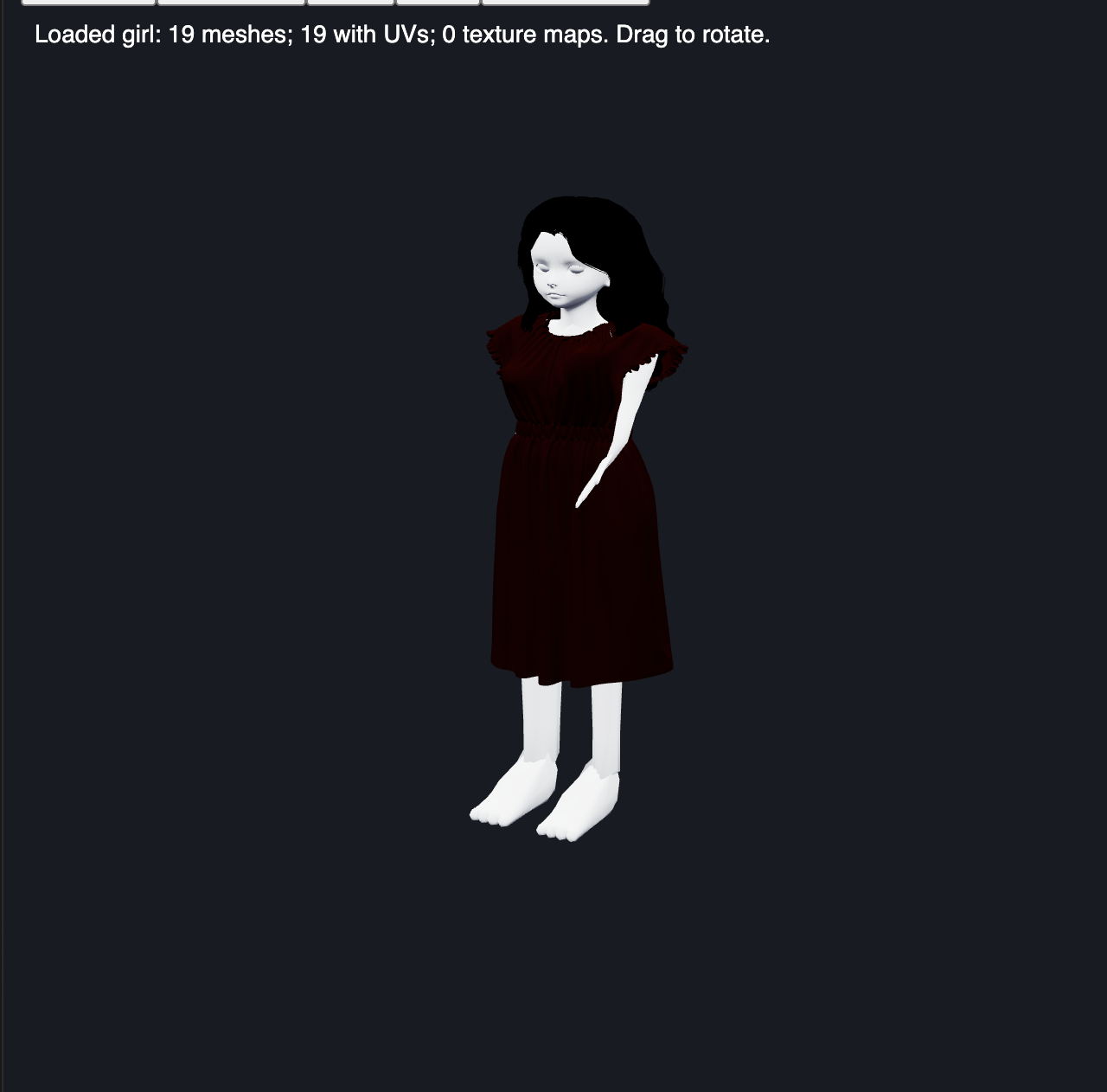 Girl character model created in Blender, front three-quarter view