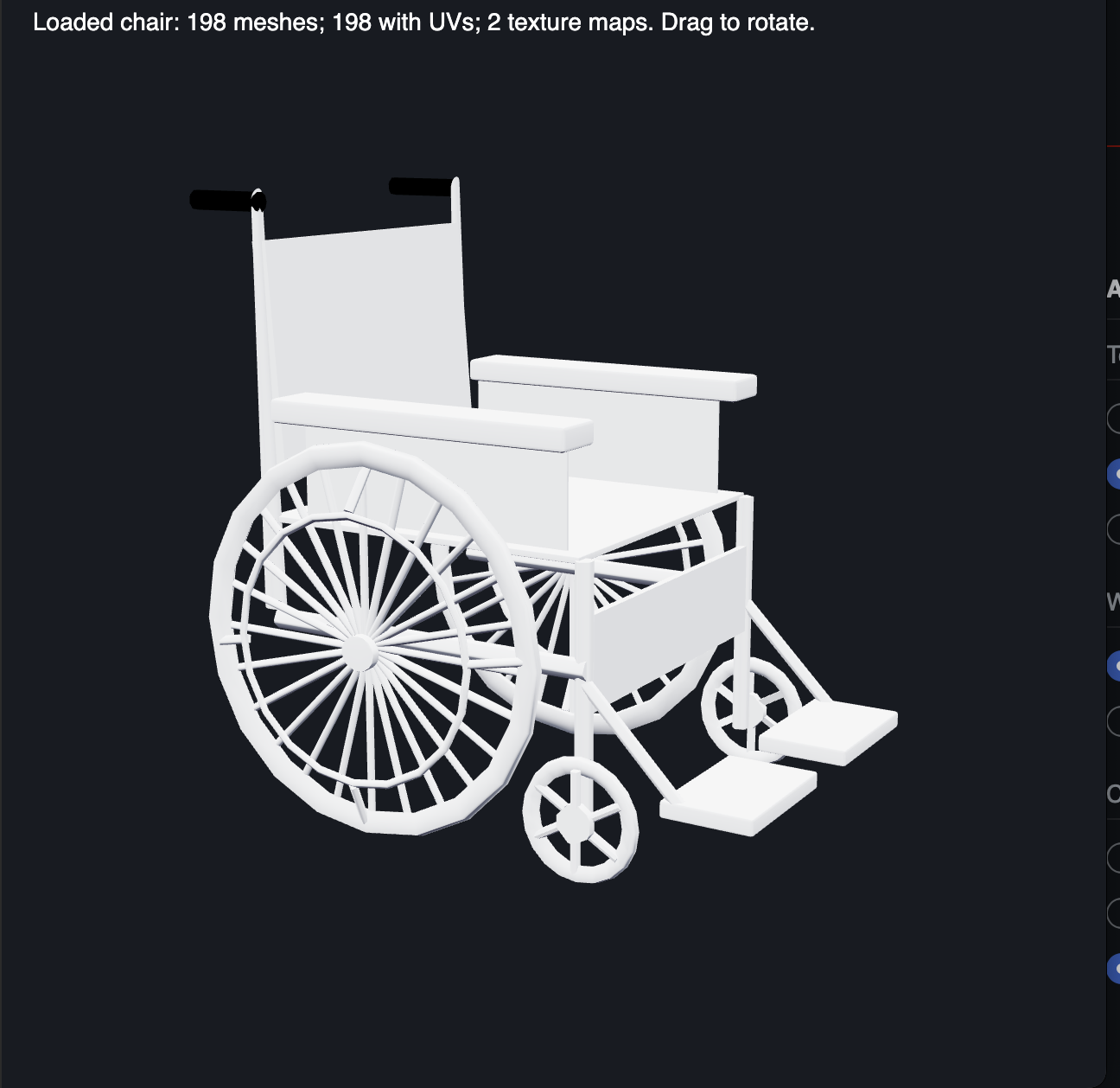 Wheelchair environment prop created in Blender, front three-quarter view